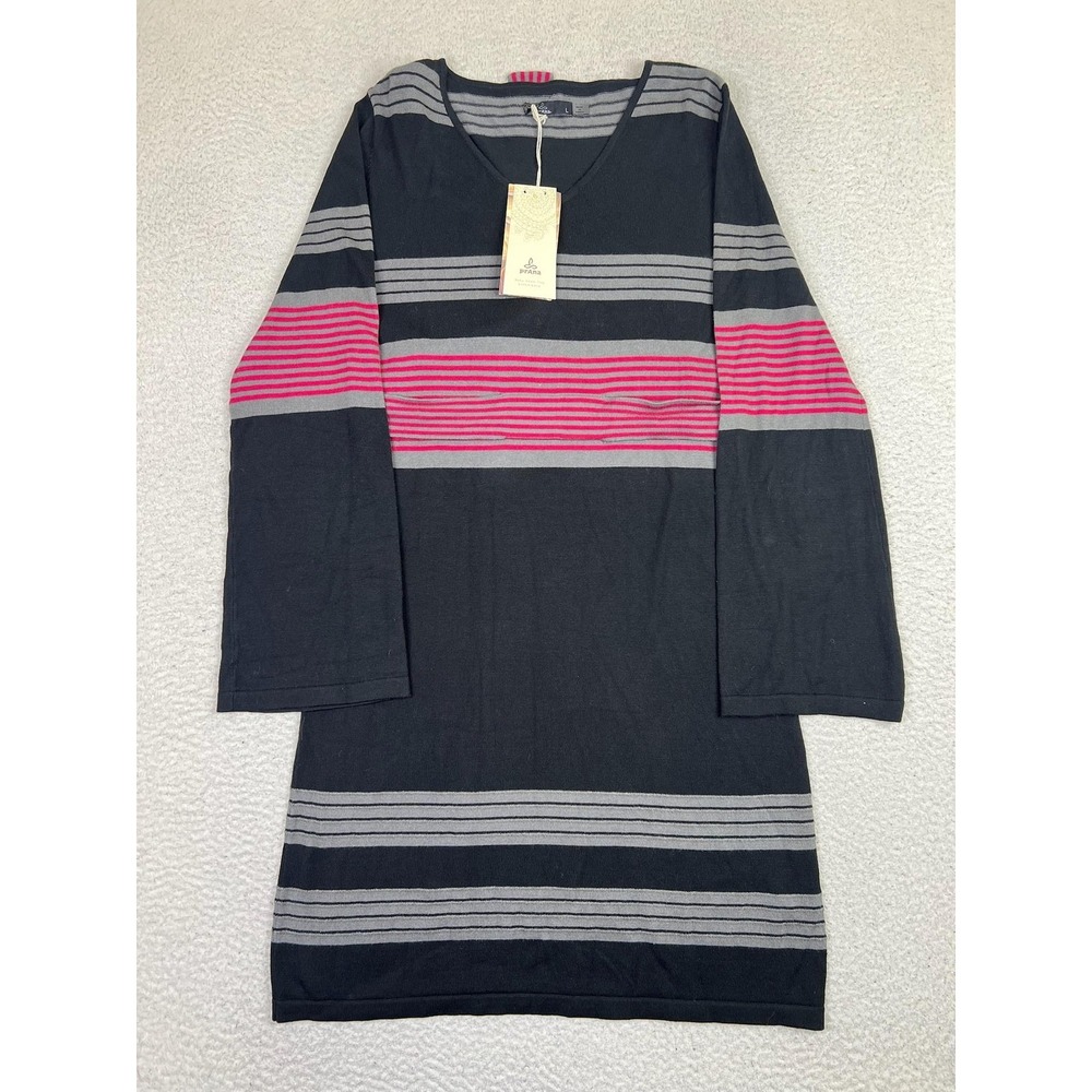 PrAna Sydney Sweater Dress Womens L Black Striped Belted 3/4 Sleeve W3SYDN311